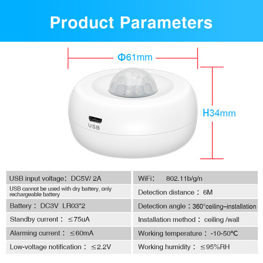 [TUYA Smart Home] Battery & Wired Powdered 360 Degree WIFI Infrared Detector PIR Motion Detect Sensor Smart Home Security - Polar Tech Australia