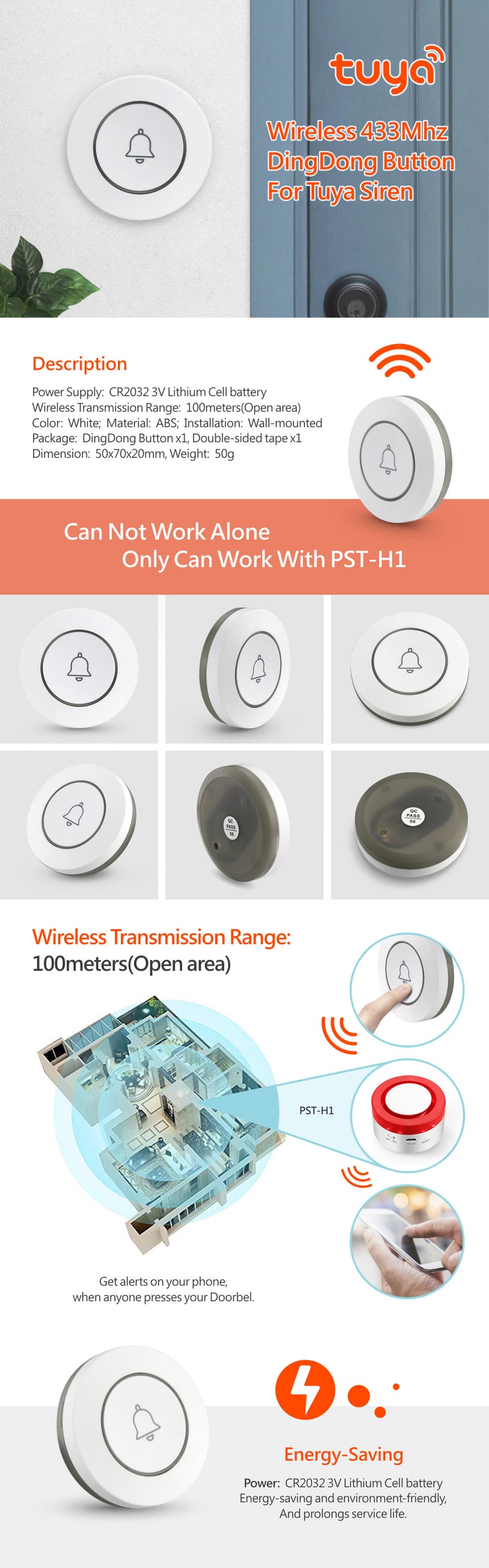 Cargue la imagen en el visor de la galería, [A07] 433Hz Battery Powered Wireless Door Bell For A01 TUYA Alarm System - Polar Tech Australia
