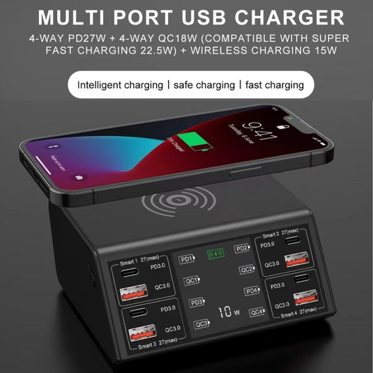 [838W] QUALCOMM 100W 8 Ports (4 x Type-C + 4 USB) PD & QC 3.0 & Wireless Quick Charger Wireless Charger Adapter Station With Current/Voltage Meter - Polar Tech Australia