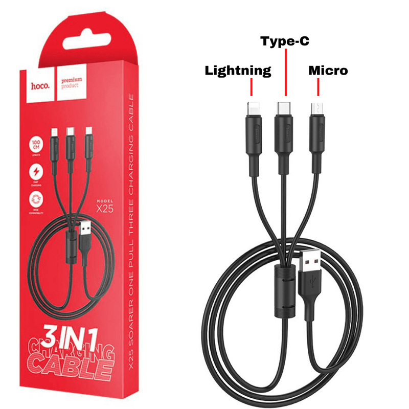 Chargez l&#39;image dans la visionneuse de la galerie, [X25][3 in 1] HOCO Universal Fast Charging Data Sync USB Cable For USB-C / Lightning / Micro Phone &amp; Tablet Device - Polar Tech Australia
